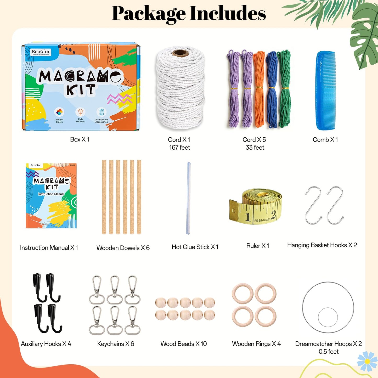Ecoofor Macrame Kits for Beginners with 366 Feet 3 mm Macrame Cotton Cord, DIY Plant Hanger Kit with Supplies and Instructions, Macrame Beads, Wooden Rings, Dream Catcher Rings
