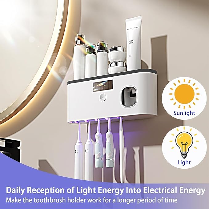 Toothbrush Holders for Bathrooms, Toothbrush Holder Wall Mounted with Toothpaste Dispenser Bathroom Solar Charging and No Drilling Required Tooth Brush Holder with 5 Brush Slots（Gray）