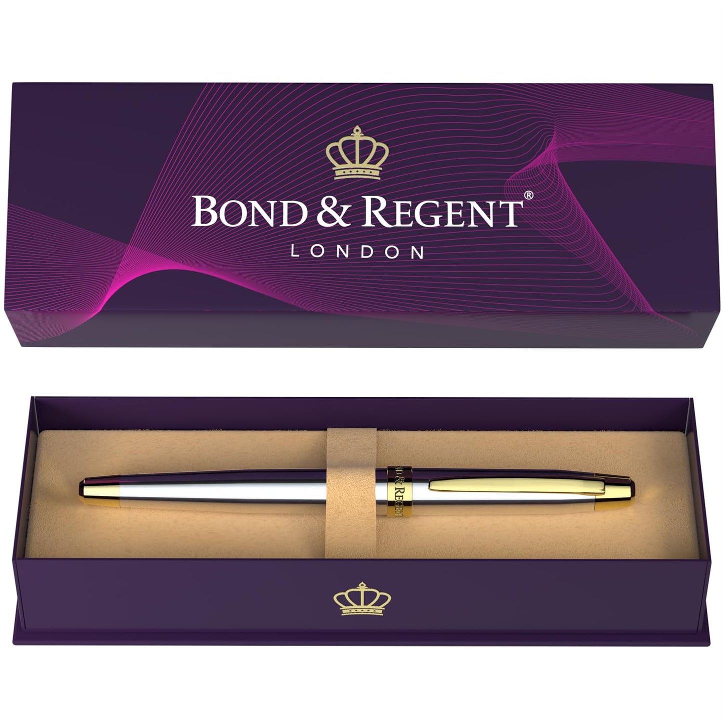 Bond & Regent 24 Karat Gold Luxury Rollerball Pen - Fancy Executive Professional Writing Gift Set for Men & Women, Nice Pens, Silver Chrome