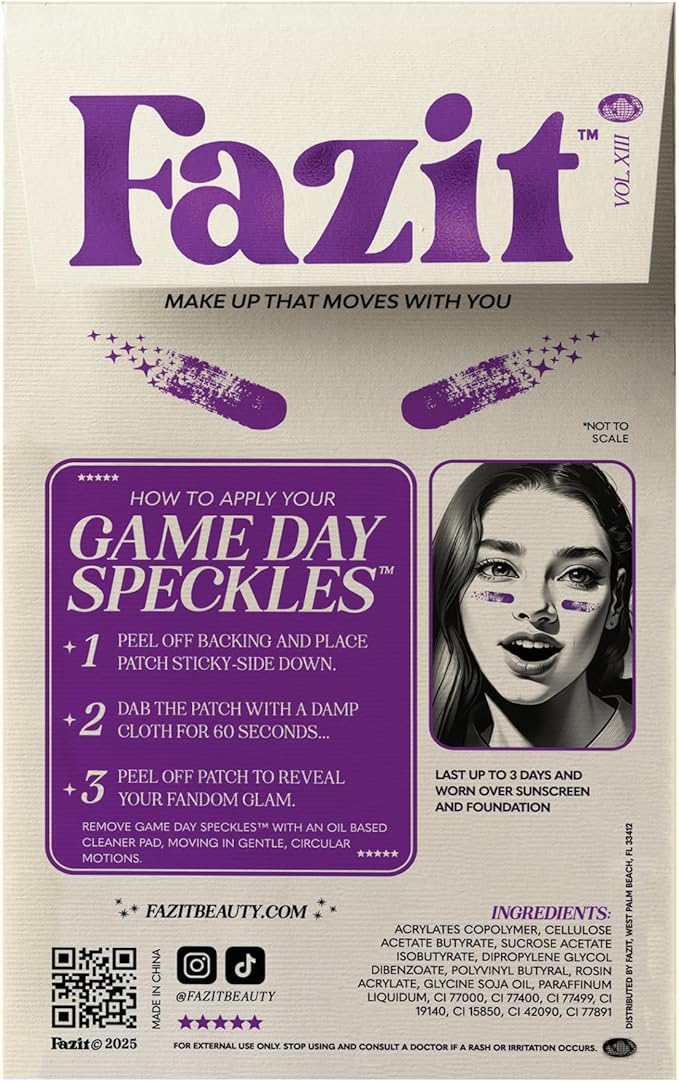 Fazit Makeup Patches - Purple Game Day Speckles - Glow Up Make-Up Patches - Cute Glitter Makeup Accessories for Women - Cosmetic Glitter for Face