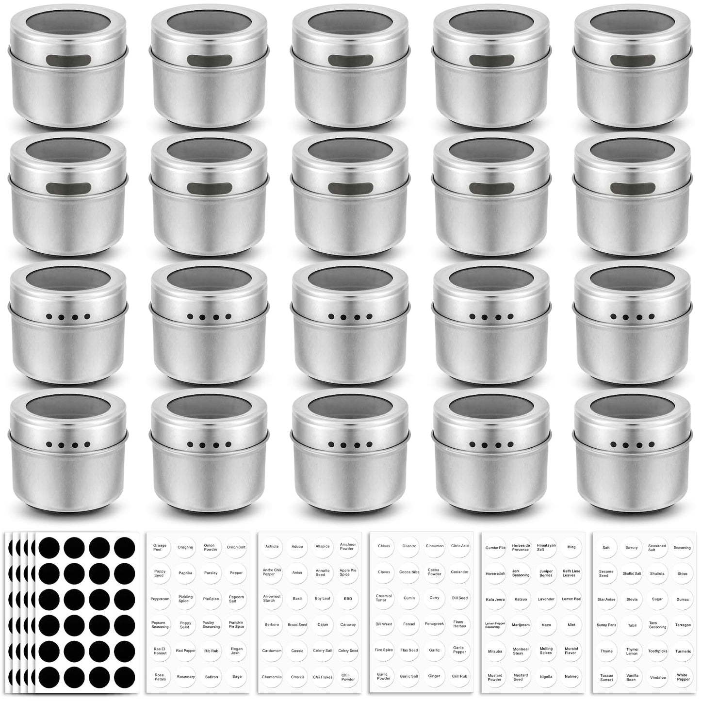 Bekith 20 Pack Magnetic Spice Jars, Magnetic Spice Containers for Refrigerator, Seasoning Tins with Clear Top Lid, 240 PVC Spice Label Set