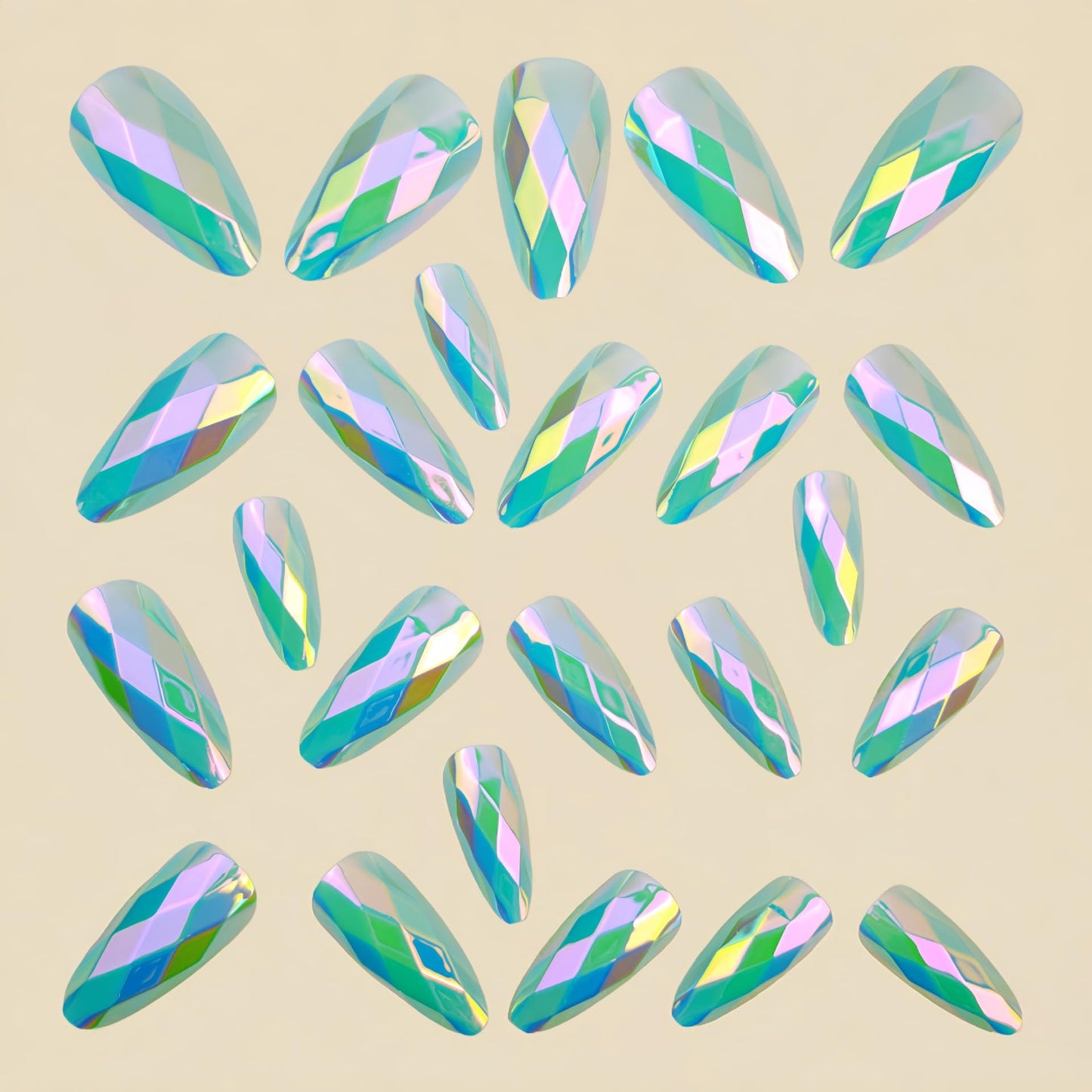RUOKEXIN Almond Press on Nails Medium Length Fake Nails Light Blue Chrome False Nails with 3D Rhombus Designs Full Cover Nail Press ons Sparkly Artificial Nails for Women 24Pcs