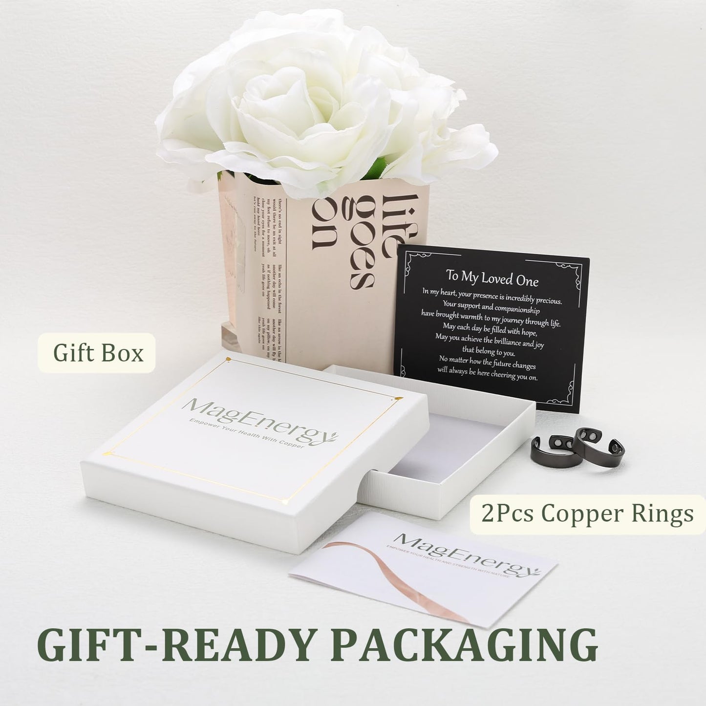 MagEnergy 2PCS Copper Rings for Men & Women, 99.9% Pure Copper Magnetic Adjustable Thumb Ring with Strong Magnet, Jewelry Gift with Present Box