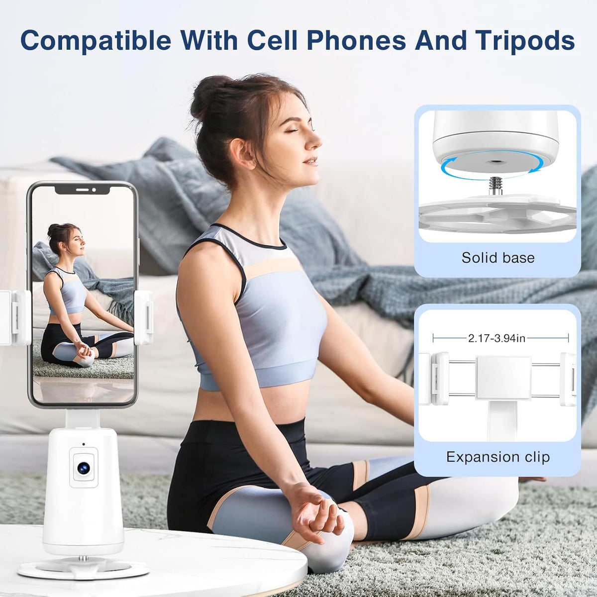 Auto Face Tracking Tripod 360° Rotating Cell Phone Photo and Video Kits Stand, No App, Camera Stand with Remote and Gesture Control, Rechargeable Smart Shooting Stand for Live Recording Tiktok (White)