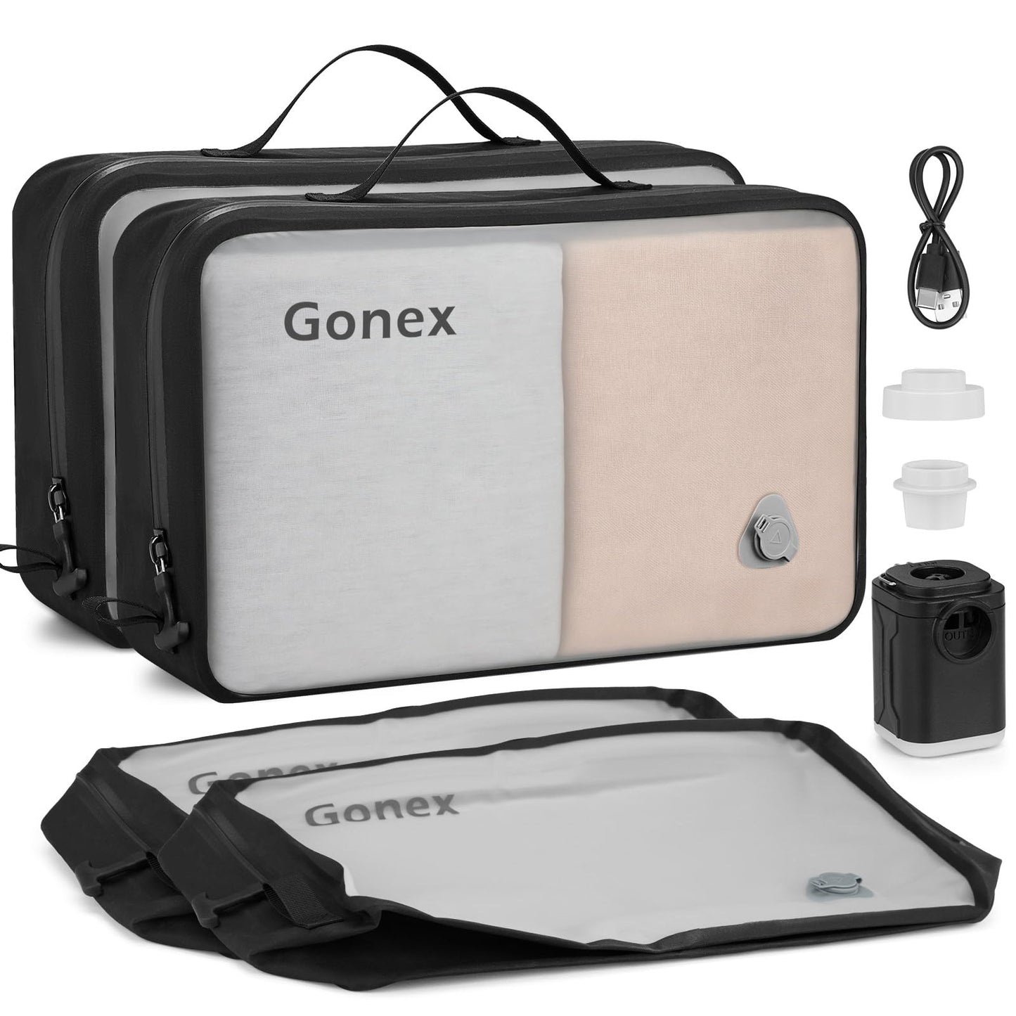Gonex Vacuum Travel Bag with Pump, Reusable Compression Packing Bag with Handle & Transparent Window, Wide Opening, Waterproof Travel Storage Organizer for Carry-On Suitcase, Backpack (2PCS+Pump)