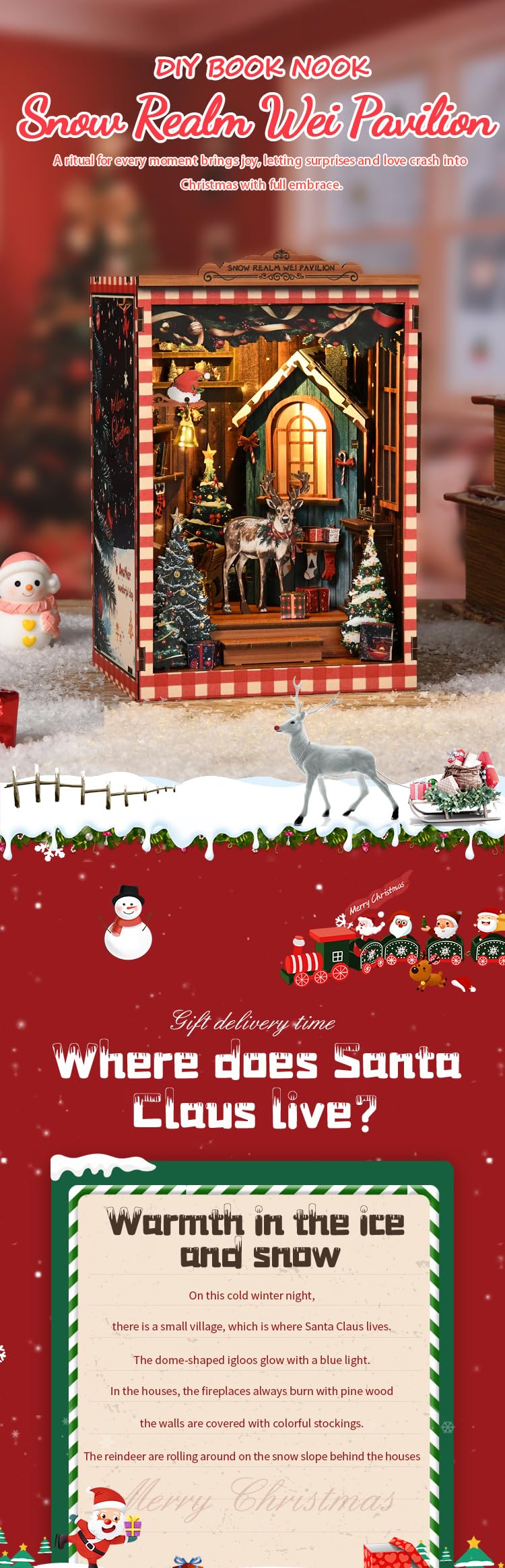 NEXTIPS DIY Mini Book Nook Kit, Snow Realm Wei Pavilion 3D Wooden Puzzle with LED Lights, Christmas Themed Bookshelf Decor, 161 Pcs Adult Craft Model for Home & Gift