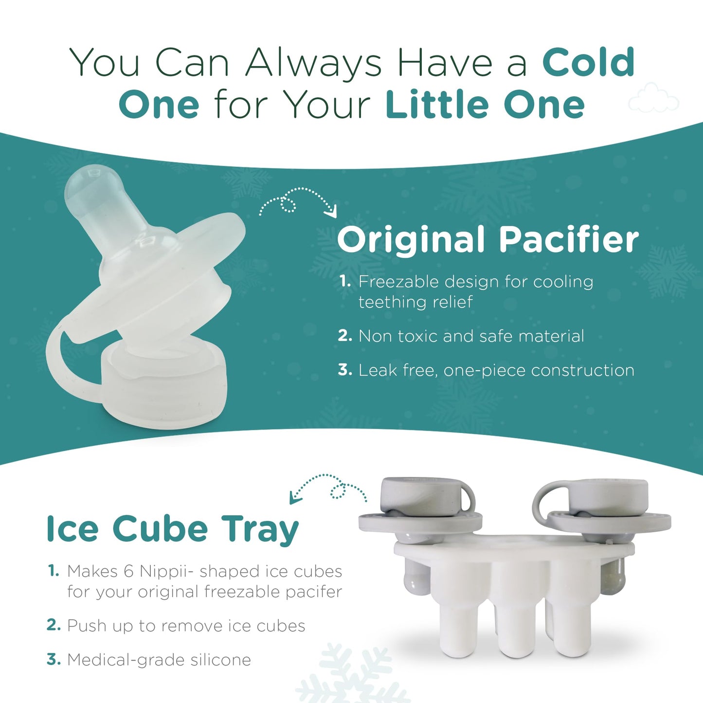 Nippii Freezer Teether Pacifier & Ice Cube Tray - Soft Silicone Freezable Teething Paci for Baby Teething Relief - Cold Teething Toy for 0-9 Months - BPA Free, Medical Grade & Easy to Clean