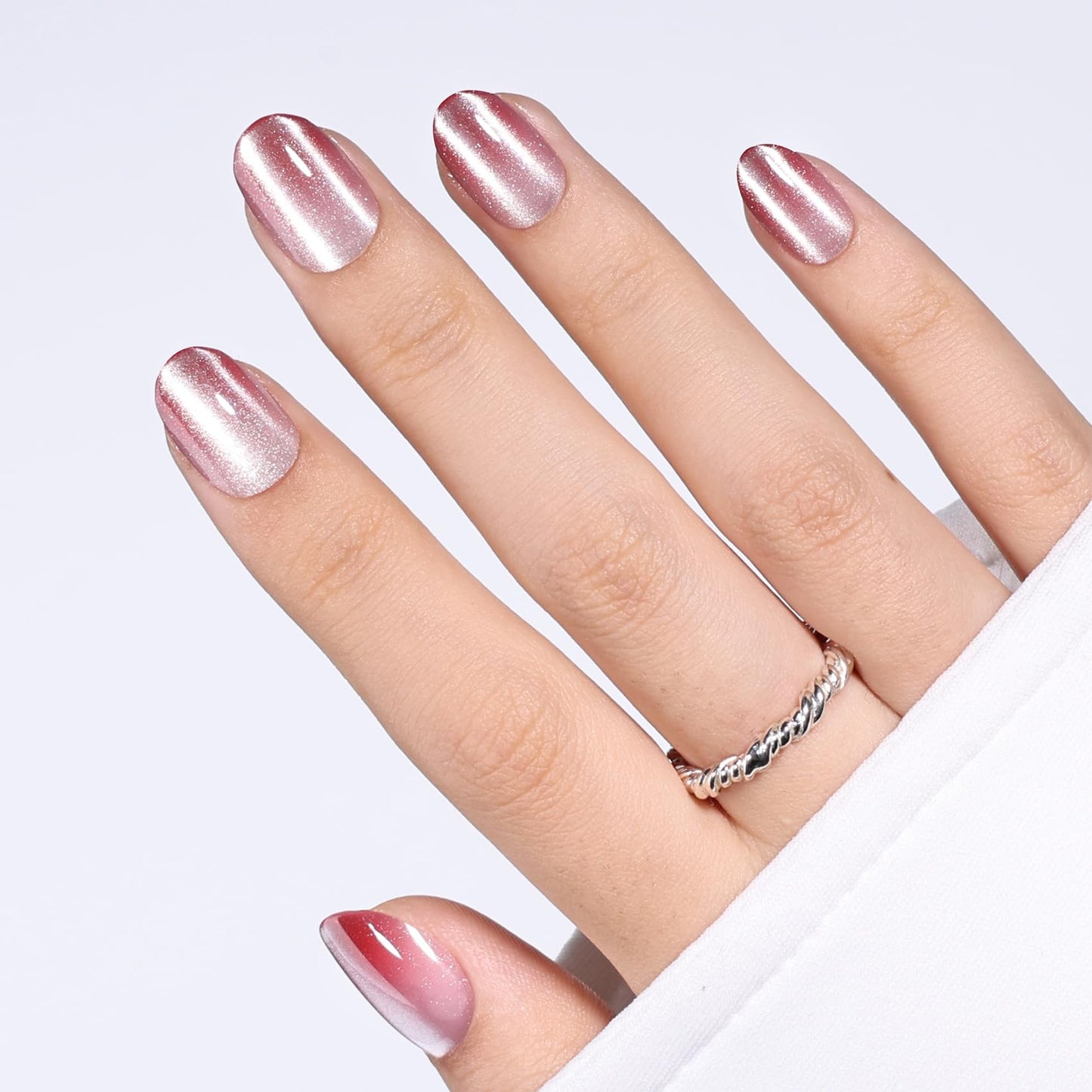 SEEWEE Pink French Tip Cat Eye Press On Nails Oval - Red Ombre Short Oval Fake Nails with Nail Glue, Pink Cateye Press On Nails Reusable Stick On Nails in 16 Sizes 32 Nail Kit | Salon Quality