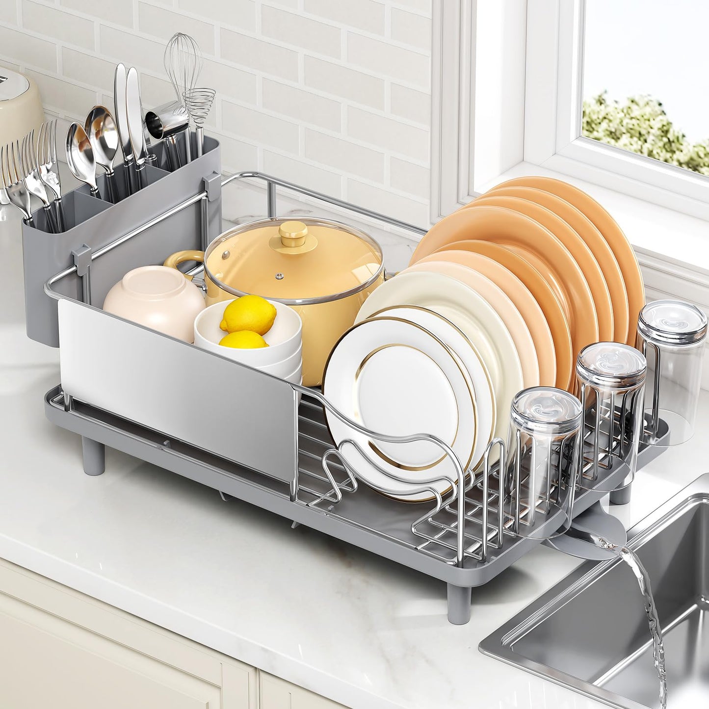 Dish Drying Rack Large Capacity - Stainless Steel Dish Rack for Kitchen Counter with Drain Board, Rustproof Dish Drainer with Auto Drain Spout Utensil Holder Glass Holder, Dinnerware Organizer, Gray