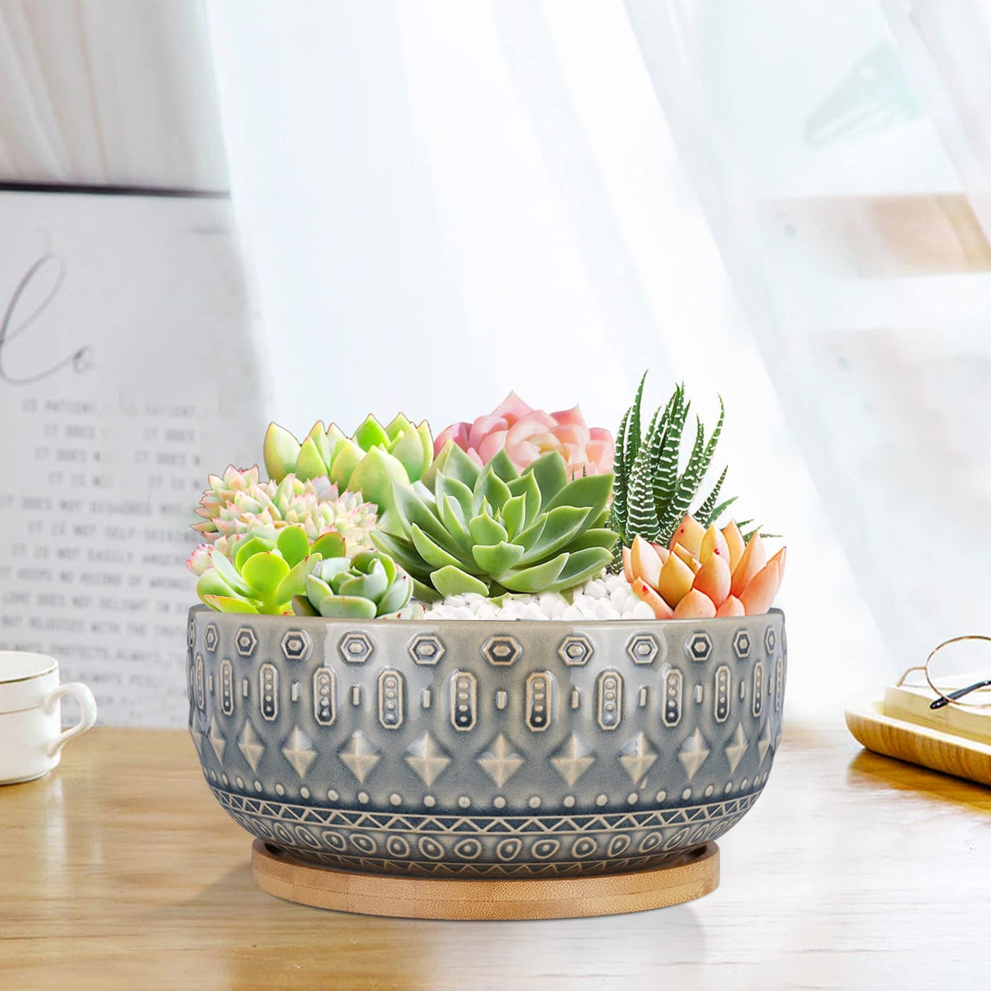 8 Inch Ceramic Succulent Planter Pots with Drainage Hole Flower Pot for Indoor Plants Round Shallow Bonsai Pot with Bamboo Tray Blue