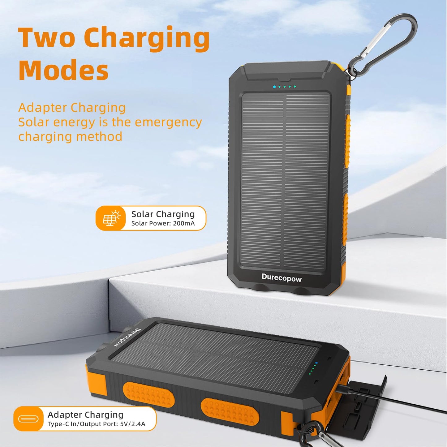 Durecopow Solar Charger Power Bank 20,000mAh, Portable Charger, 4 Cables 3 Ports Fast Charging External Battery Pack with USB C for Cell Phones, Solar Panel Charger with Dual Flashlight for Camping