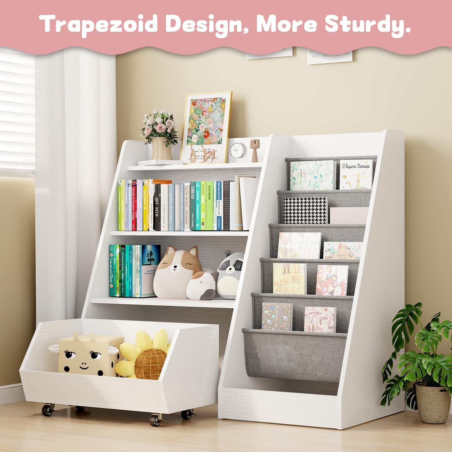 COZPAW Kids Bookshelf and Toy Storage, 4 Tier Toddler Bookshelf with Movable Drawer (White)