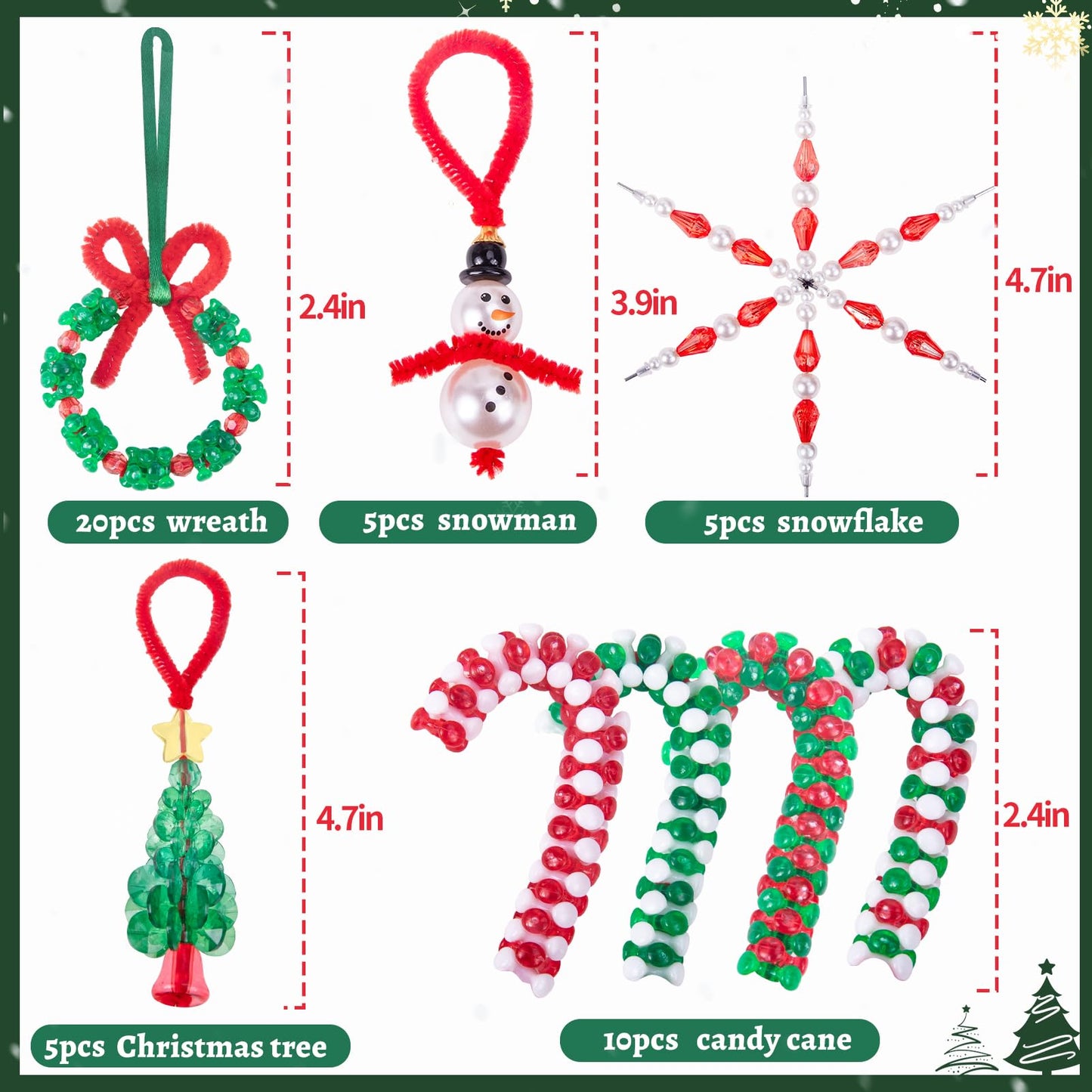 NLUS Christmas Crafts for Kids Adults, 45 Pcs Christmas Beaded Ornament Kits Holiday Crafts - Including Snowman/Christmas Tree/Wreath/Candy Cane/Snowflake (Assembly Required)