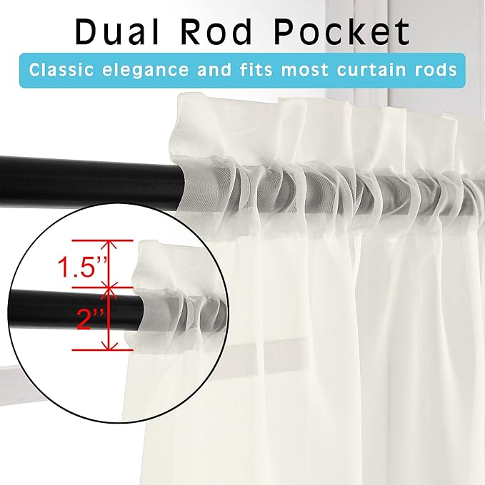 OVZME Ivory Window Valances Sheer Curtains, Modern Top Dual Rod Pocket Light Filtering Voile Drapes for Small Window Kitchen Cafe Sheer Curtains 2 Panels, 42W x 14L Inch
