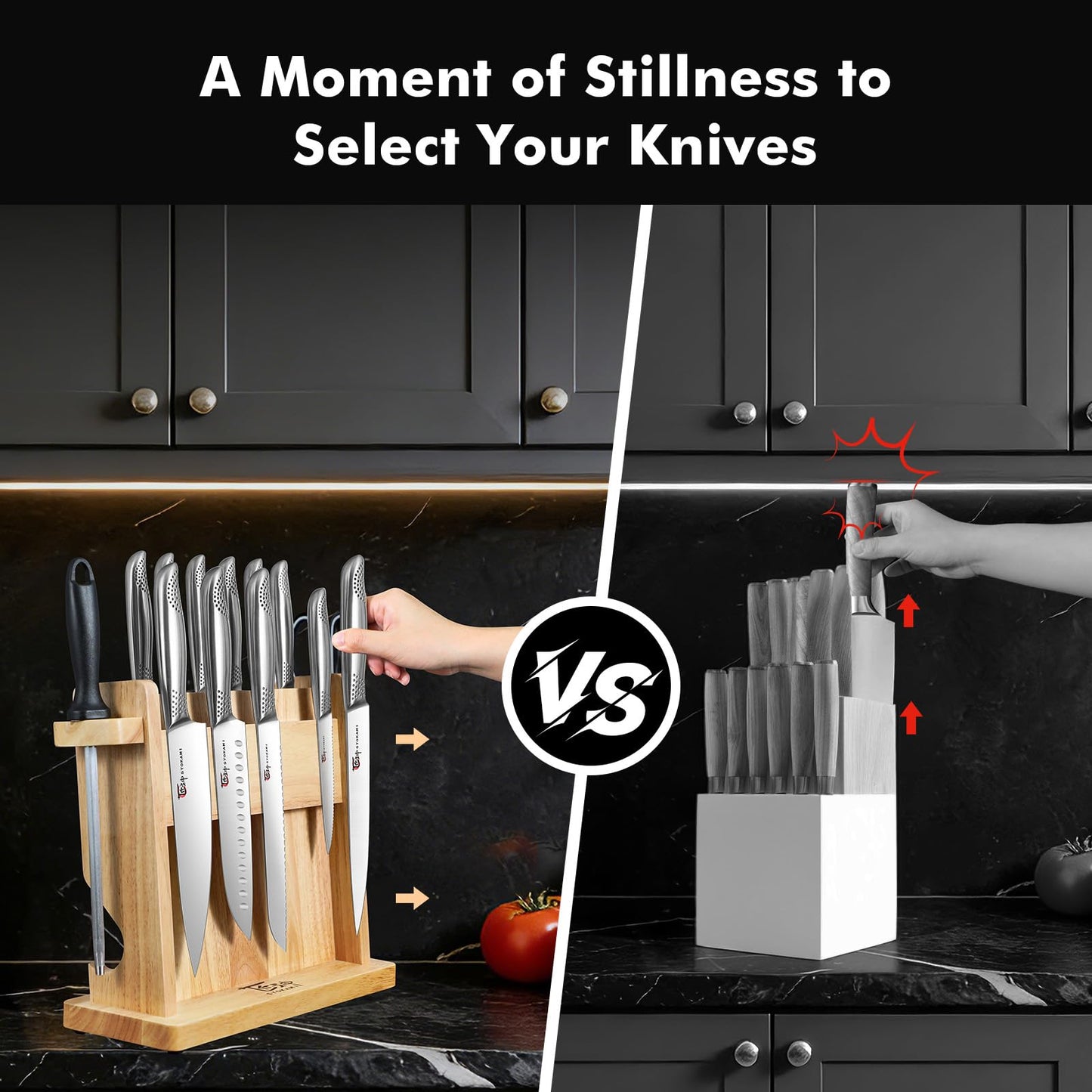 SYOKAMI Japanese Knives Set for Kitchen, Magnetic Knife Set with Block and Sharpener, Stainless Steel Knife Set as Gift for Couple, Wedding, Women or Mom with Gift Box, 14 PCS Black Dot