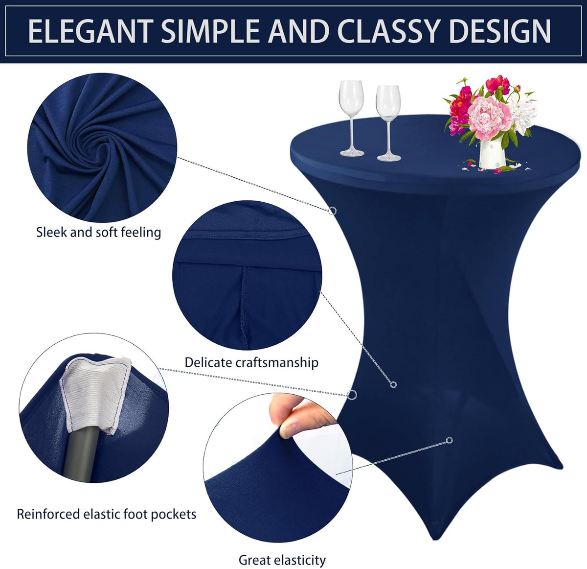 12 Pack Cocktail Spandex Tablecloth 32"x43" Cocktail Table Cover Fitted High Top Round Table for Bar Wedding Birthday Party Banquet (Navy Blue)