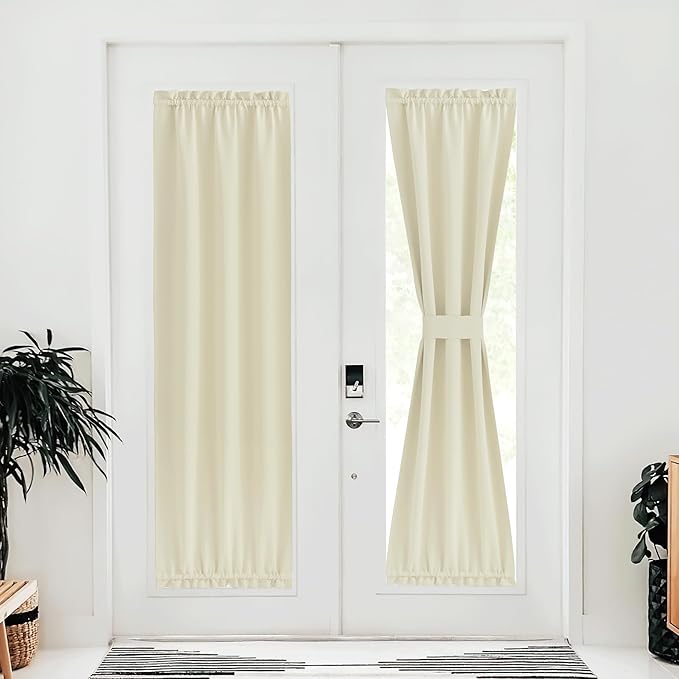 NICETOWN Farmhouse Blackout Door Curtains, Elegance French Door Curtains for Privacy, Thermal Insulated Shade, Window Covering for Doorway, Light Beige, 25" W x 80" L, 1 Panel