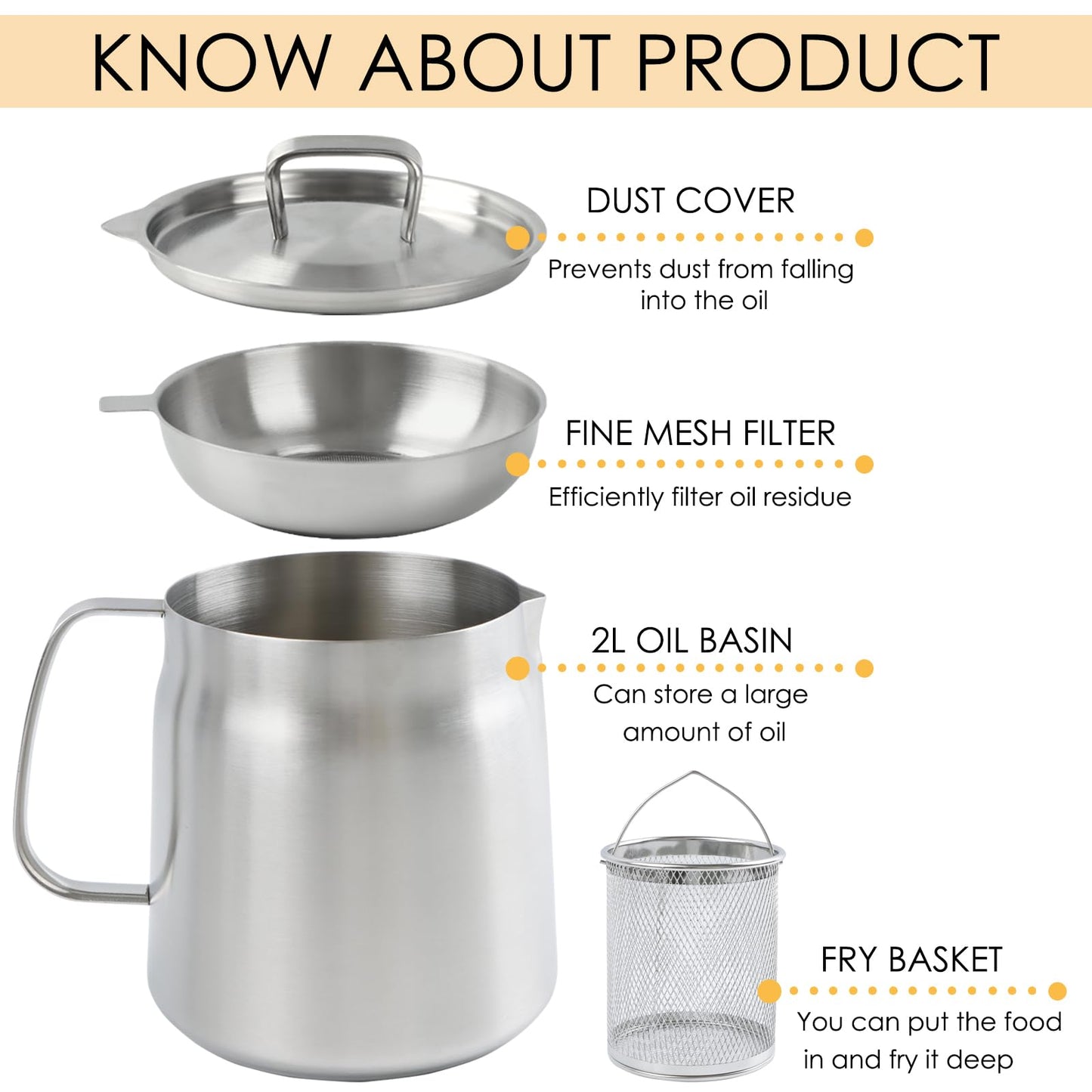 50oz 304 Stainless Steel Oil Filter Pot, Heavy Duty Bacon Grease Container & Deep Fryer Basket, Large Capacity Multi-function Oil Filter Vessel with Strainer for Kitchen Storing Frying Cooking Grease