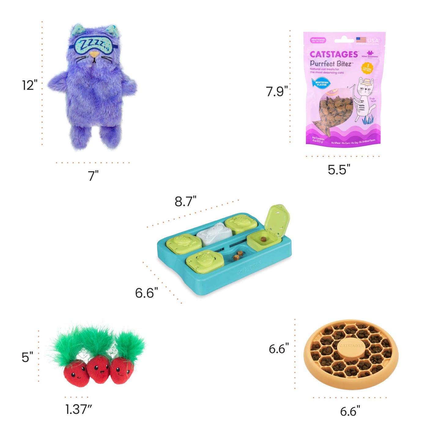 Catstages New Kitten Bundle – Slow Feeder Bowl, Purr Pillow, Strawbabies Catnip Toys, Kitty Cube Puzzle Toy & Whitefish Purrfect Bitez Treats