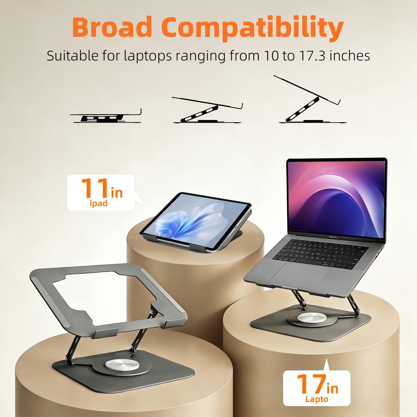 Adjustable Laptop Stand for Desk, Laptop Riser with 360 Rotating Base, Ergonomic Laptop Holder for Desk, Foldable Portable for Office & Home Compatible with MacBook Air Pro, Dell, HP (10-17.3'')