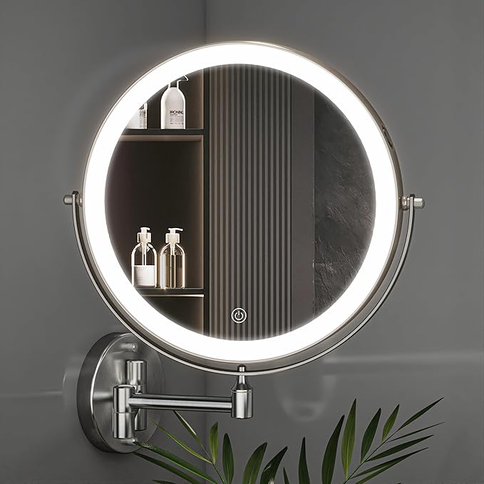 Hasipu 8.5-Inch Wall Mounted Makeup Mirror with Magnification, Rechargeable 2000 mAh Vanity Mirror with Lights, Bathroom Mirror with Dimmable Brightness, 3 Lighting Modes, Extendable Arm, Nickel