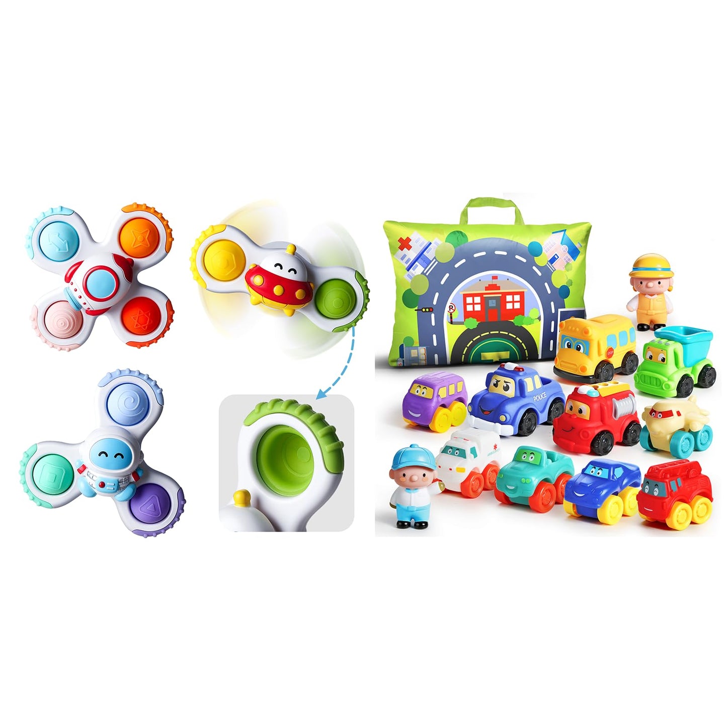 ALASOU 3 PCS Suction Cup Rotating Toys and 12 PCS Soft Rubber Car Toys with Playmat for Infant and Toddlers