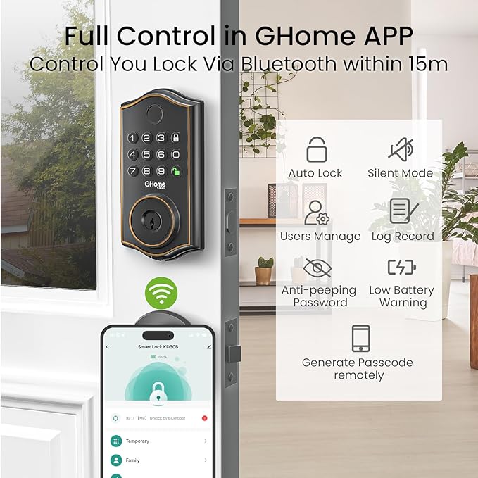GHome Smart deadbolt Lock, Keyless Entry Door Lock for Front Door, App Remote, Auto Lock, Easy Installation, Fingerprint Door Lock with Keypad for Home, Airbnb, Apartment, Garage, Black