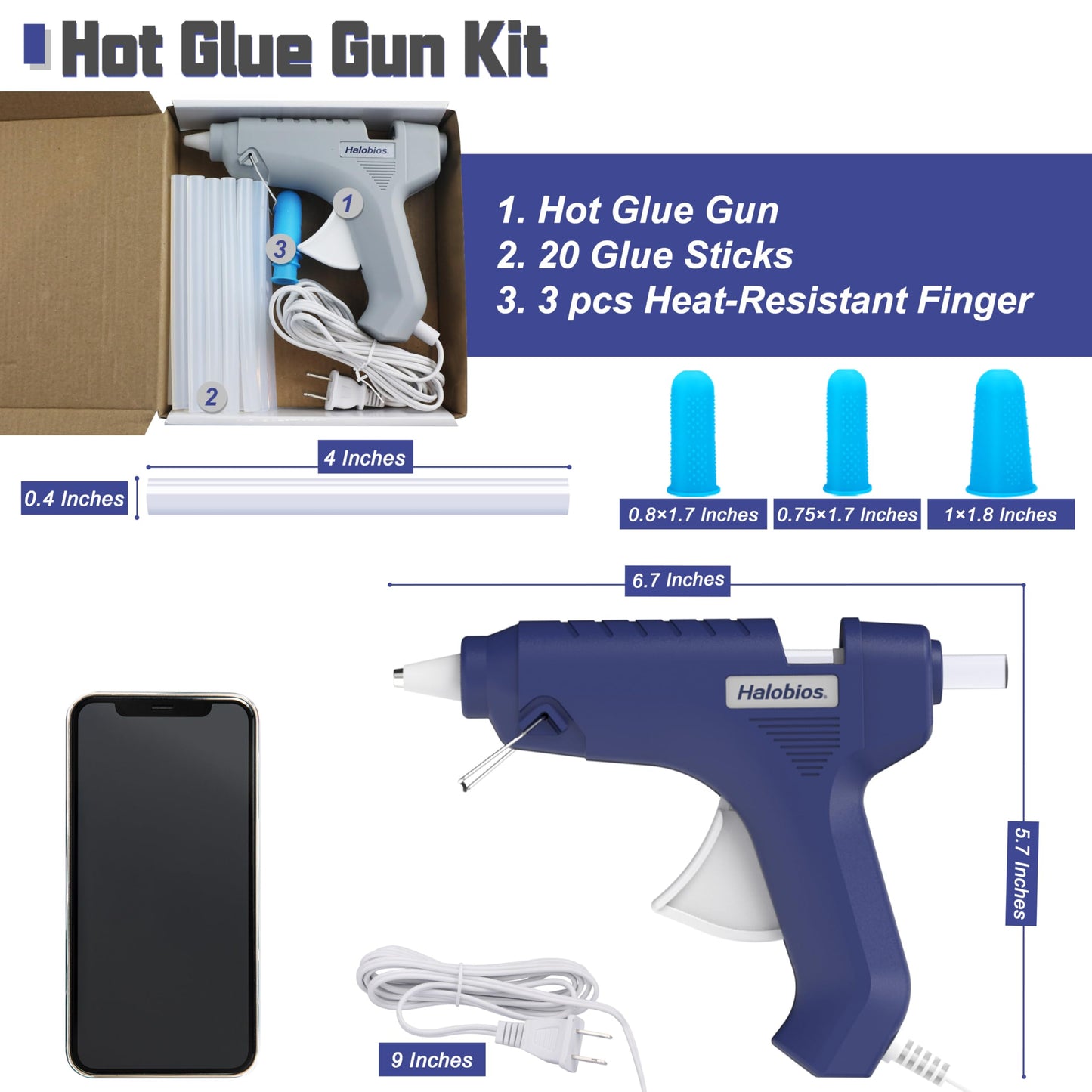 Halobios Hot Glue Gun with Preheating, 20 Glue Sticks, Full Size for DIY Crafts & Home Repairs (40W Blue)