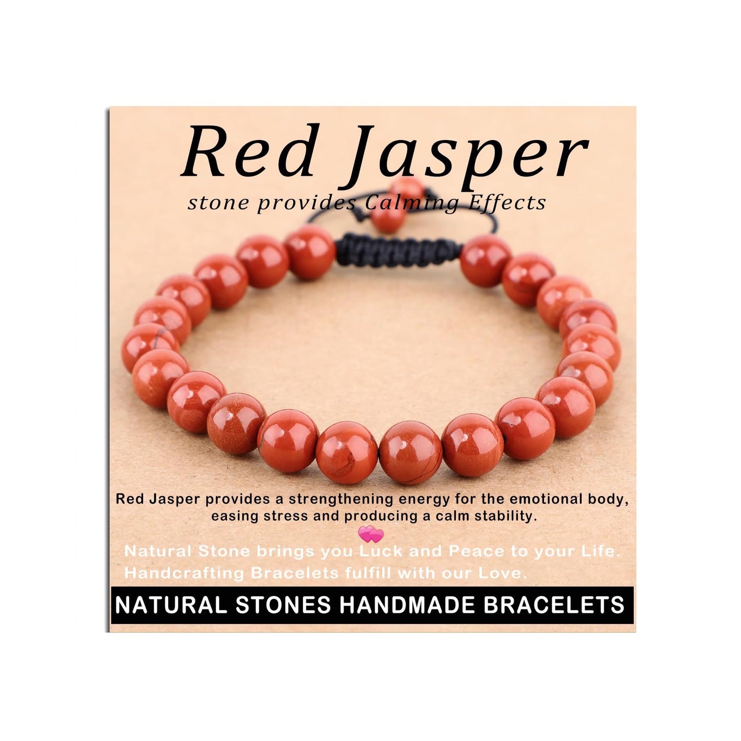 AD Beads 8mm Red Jasper - Stone Pepvodes Calming Effects - Handmade Natural Stone Crystal Bracelet with Adjustable Macrame String - Yoga Healing Power Energy Gifts for Men and Women