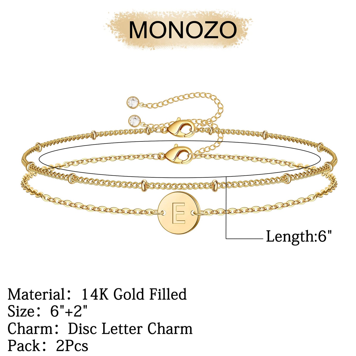 MONOZO Gold Initial Bracelets for Women, Dainty 14K-gold-plated Layered Beaded E Letter Initial Bracelet Personalized Alphabet Disc Monogram Charm Bracelet Jewelry Gifts