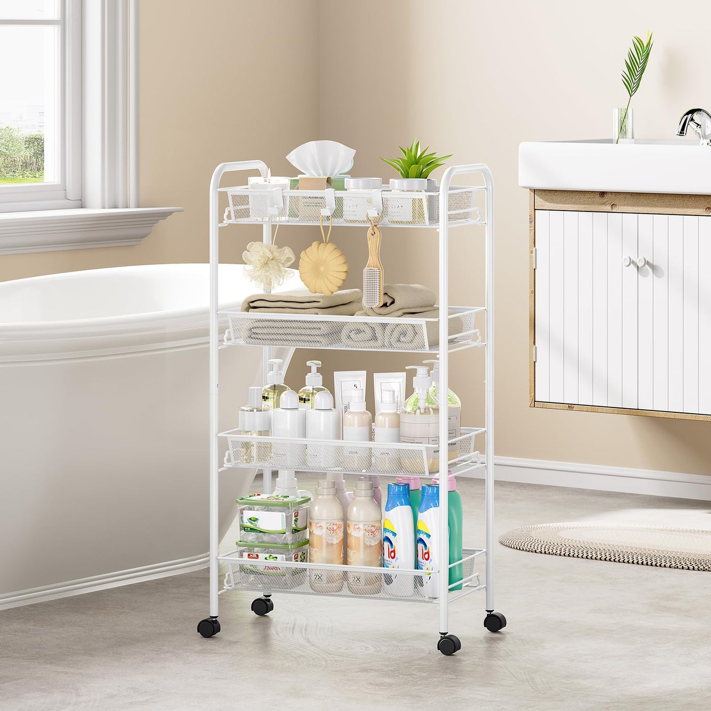 SYKIARIOL 4-Tier Metal Utility Cart, Mesh Wire Rolling Cart on Wheel, Storage Trolley with Easy Assembly, Organizer Craft Cart 3 Hooks, Mobile Shelving Unit for Bathroom, Laundry Room, Home