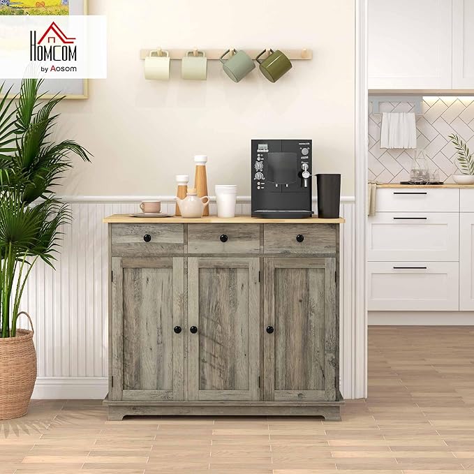HOMCOM Sideboard with Solid Wood Countertop, Modern Kitchen Storage Cabinet, Coffee Bar Cabinet with 3 Drawers, Doors and Adjustable Shelf, Distressed Gray