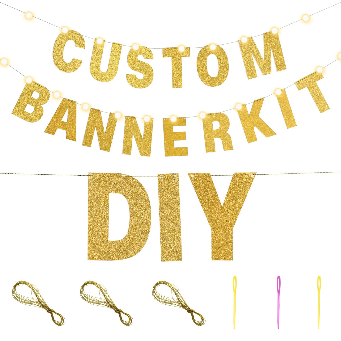 TaoBary 112 Pcs DIY Letter Kit Glitter Customizable Banner Letters Include 107 Letters and Numbers 3 Rope and 2 Needles for Birthday Halloween Christmas Wedding Valentine Party Decor(Gold)