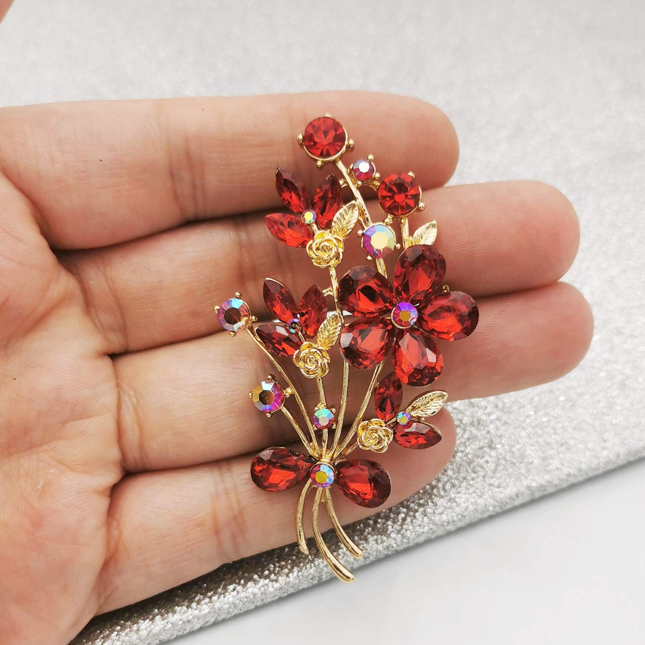 YOQUCOL Vintage Red Austrian CZ Crystal Rhinestone Bouquet Shape Brooch Pin for Women