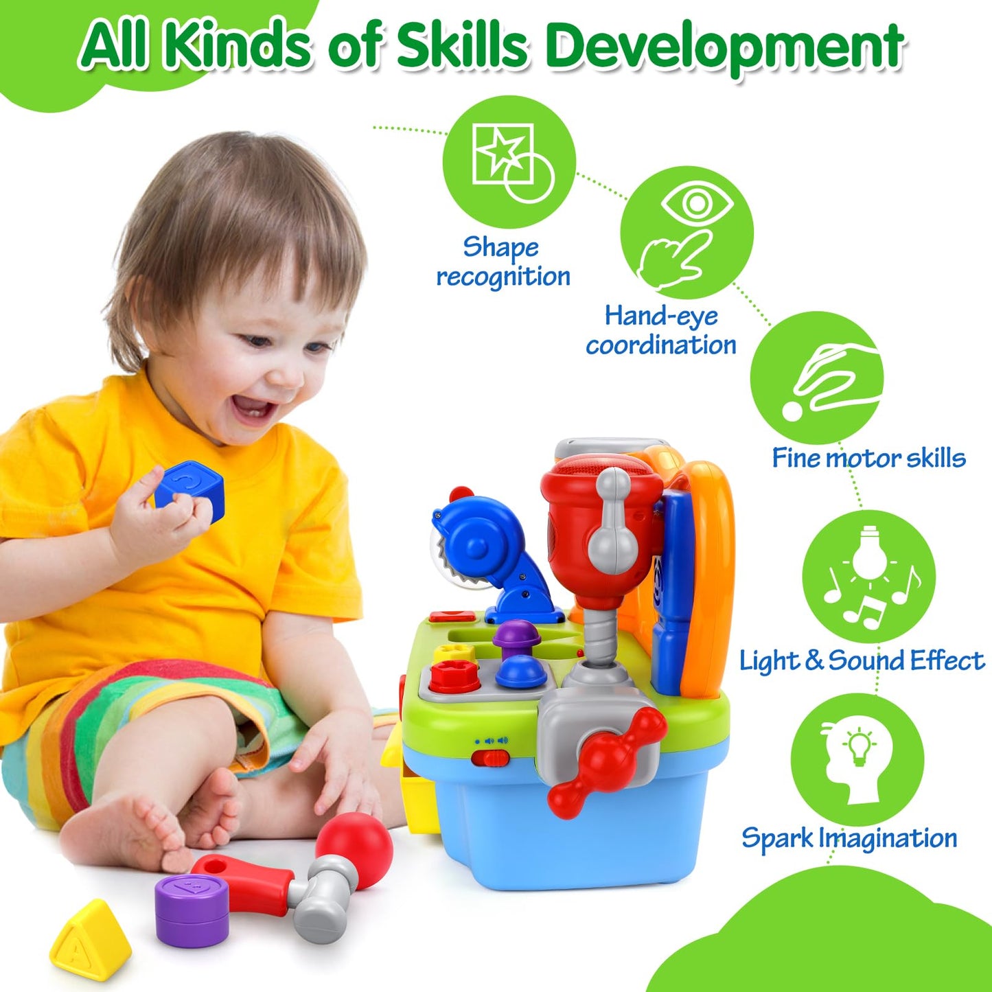 ORWINE Toys for 1 Year Old Boy, Musical Toddler Tool Bench, Montessori Educational Toys with Sound Lights Effect, Shape Sorter, One Year Old Boy Birthday Gift, Engineer Pretend Play Workbench