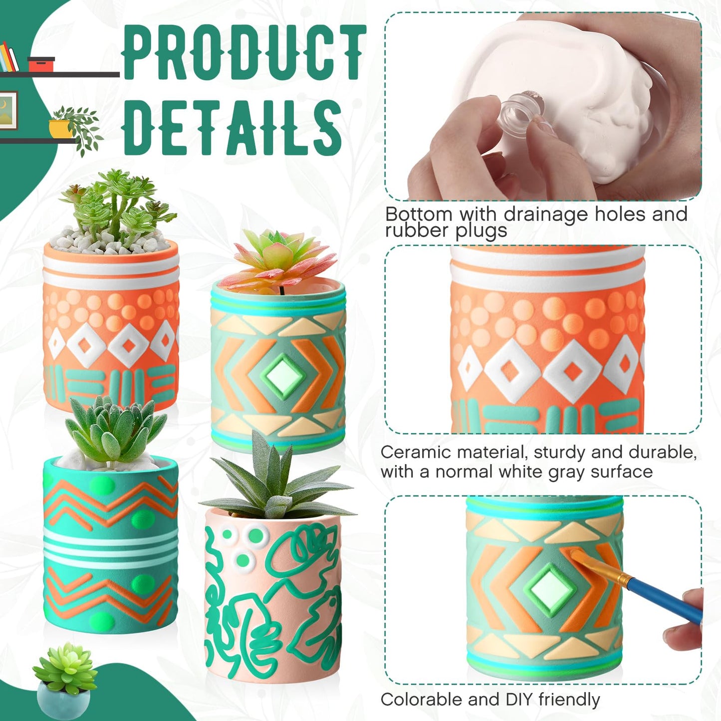 SiliFine Set of 11 Paint Your Own Kit DIY Flower Pot Painting Includes 8 Pcs Unpainted Ceramic Succulent Planters 2 Pcs Color Paints 1 Set Paint Brushes for Classroom Craft Activity (Bohemian)