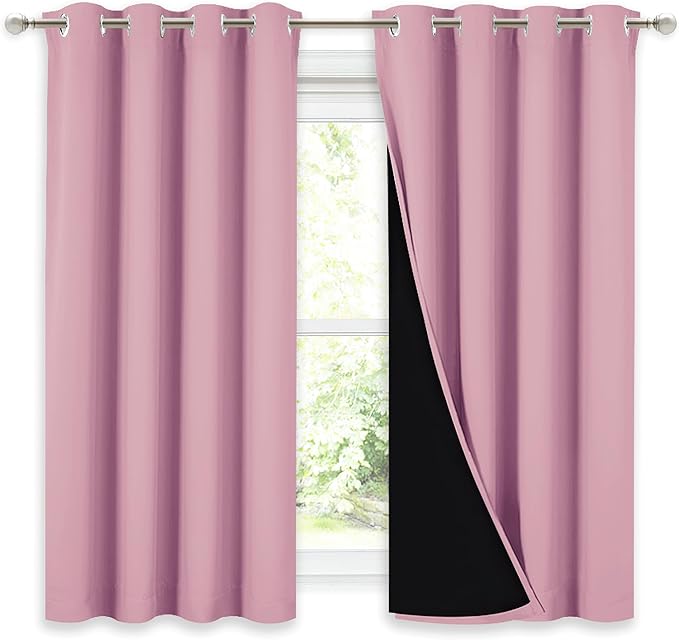 NICETOWN 100% Blackout Curtains with Black Liners, Thermal Insulated Full Blackout 2-Layer Lined Drapes, Noise Cancellation Window Draperies for Dining Room (Crystal Pink, 2 Panels, 52" W by 54" L)