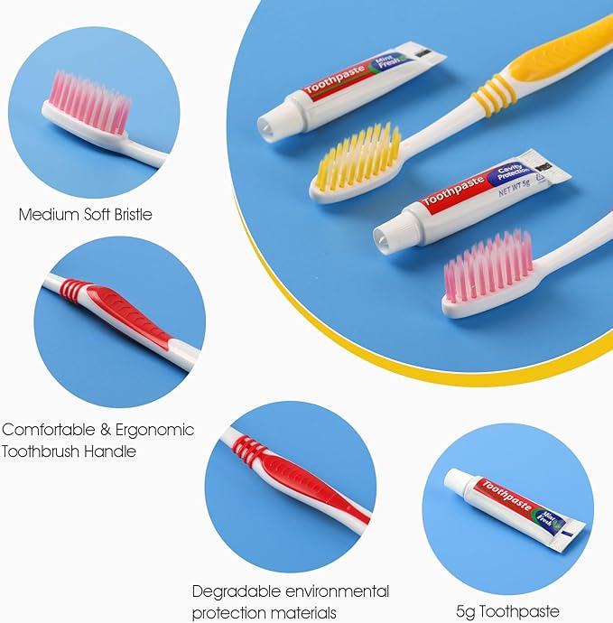 HOMVLE 100 Packs Disposable Toothbrushes with Toothpaste, Individually Wrapped Buld Toothbrush and Toothpaste Buld for Travel Size Toiletries, OCC, Airbnb, Dentist, Office/5 Colorful