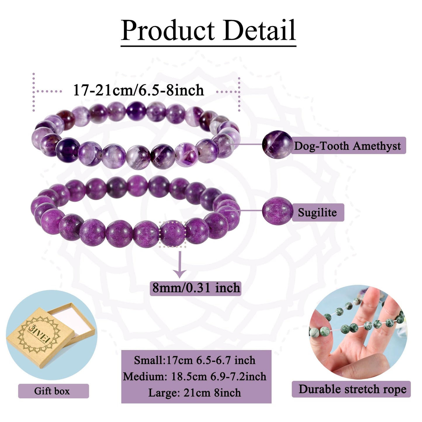 Bivei Natural Gemstone Semi Precious Crystals Handmade Stretchy Round Beads Bracelet, Enhance Positive Energy,Stocking Stuffers for Women(Dog-Tooth Amethyst & Sugilite (Love & Happiness) Large)