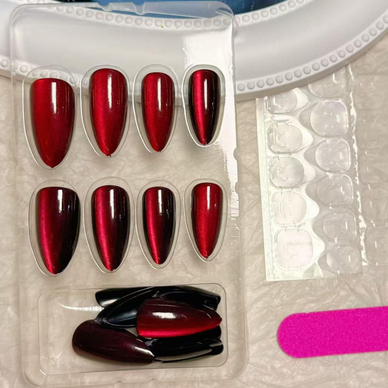 Red Press on Nails Long Almond Fake Nails Halloween False Nails with Design Red Cat Eye Glue on Nails Full Cover Stick on Nail Shiny Glitter Artificial Acrylic Nail for Women Manicure 24Pcs