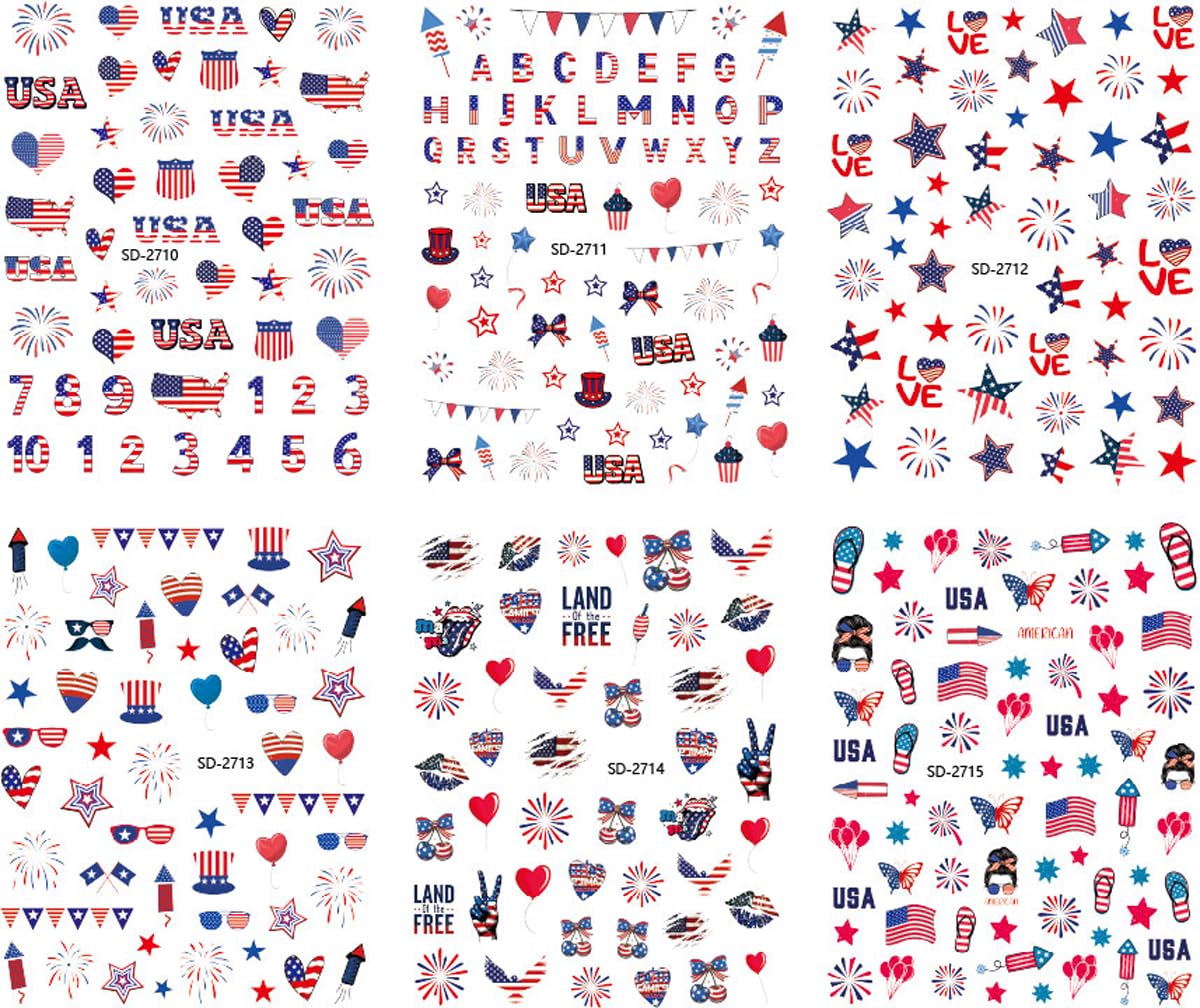 4th of July Nail Stickers 6 Sheets - 3D Embossed Red White & Blue Self-Adhesive Decals with American Flag, Stars & Fireworks, Independence Day DIY Manicure for Women