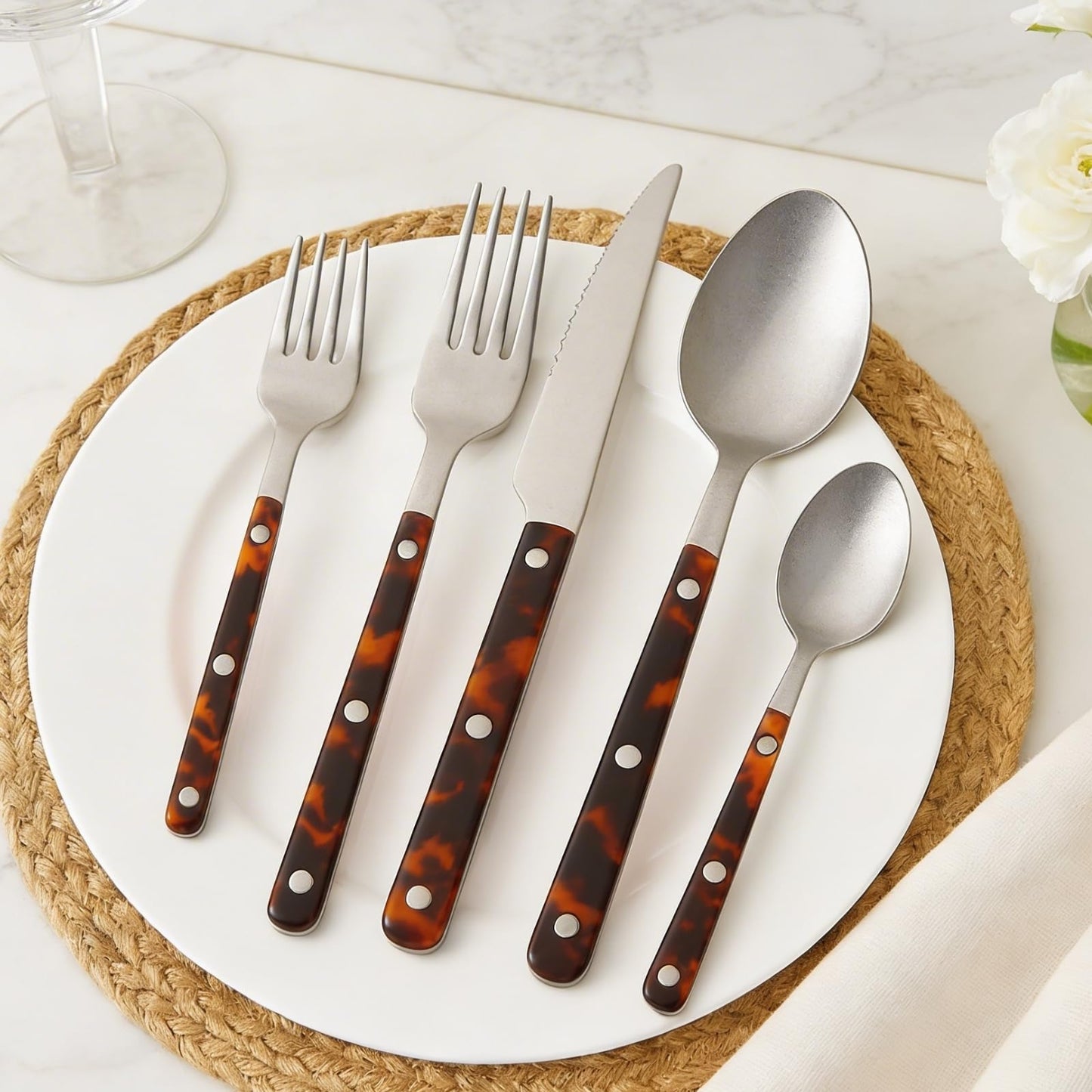 Khen Premium Stainless Steel Flatware Set, 20 Piece Tortoise Cutlery Collection, Mirror Polished Tableware Utensils for Kitchen Dining, Elegant Modern Design with ABS Handle, Durable Dinnerware