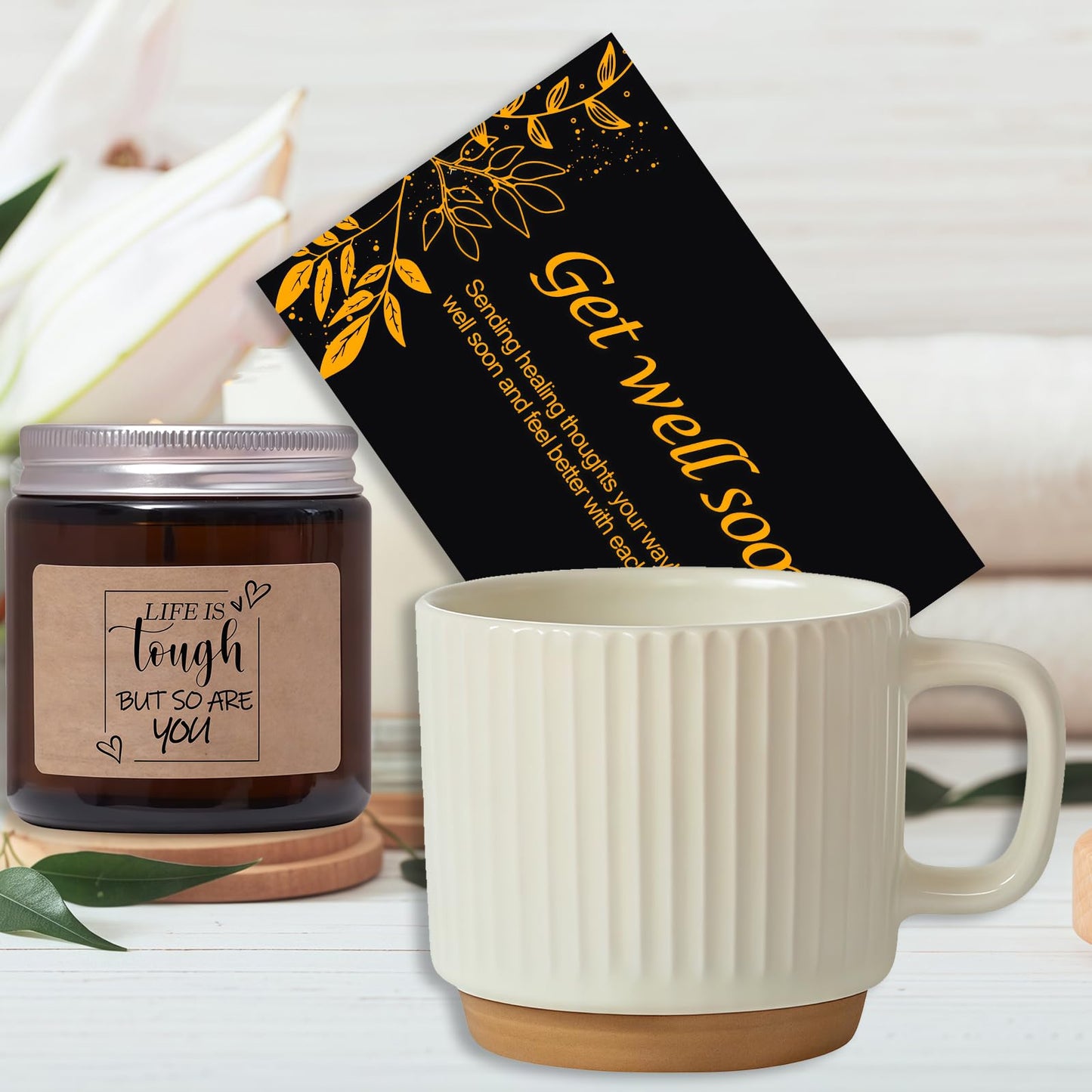 Get Well Soon Gifts for Men Care Package with Blanket, Socks, Eye Mask, Mug, Scented Candle, After Surgery, Sympathy Gift Baskets for Sick Him Brother Relatives Friends (Black)