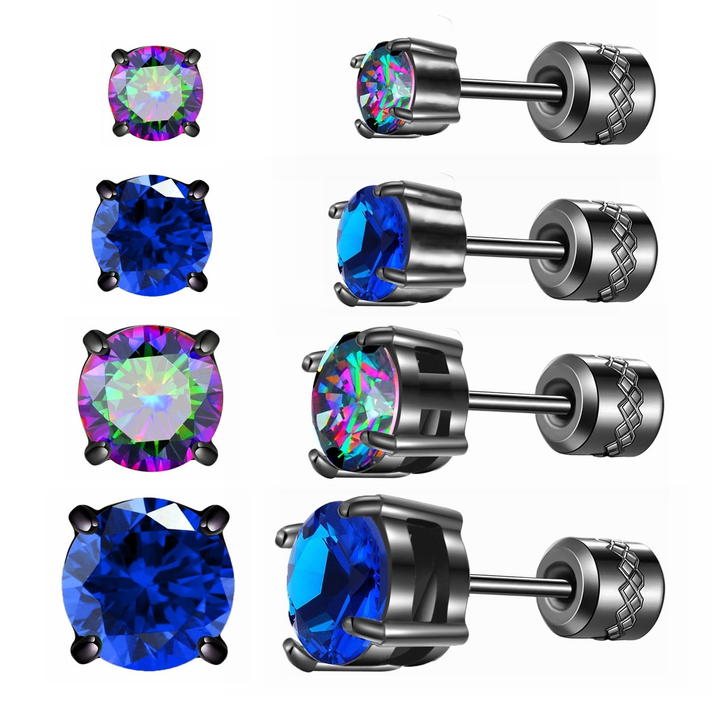 Hopply 4 Pairs Titanium Screw Back Surgical Stainless Steel Earrings for Women Men,Rainbow 5A Cubic Zirconia Studs Double Side Earrings Piercing Sleeper Jewelry 6mm (Blue/Rainbow CZ 3-6mm)