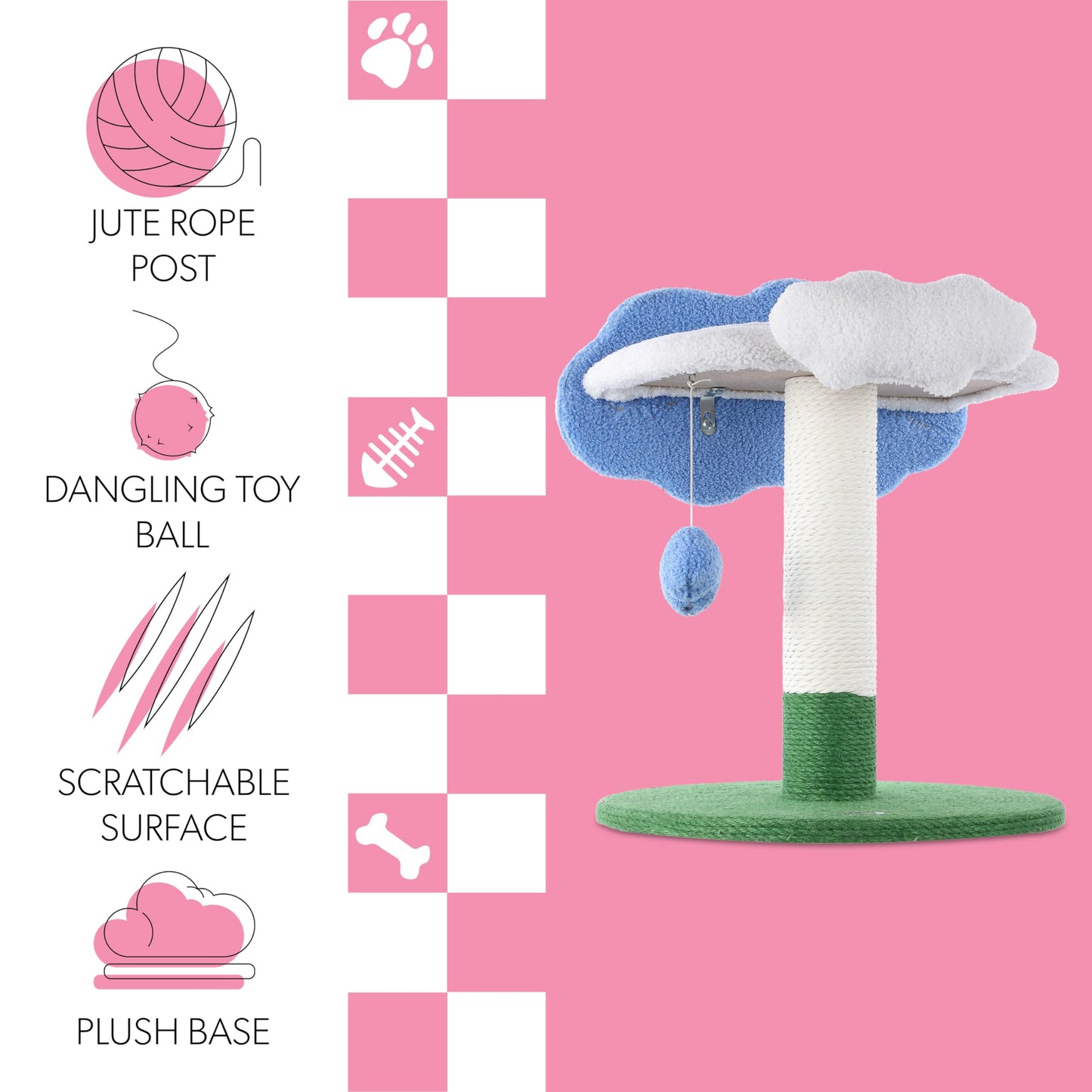 THE LICKER Store CTR1006A Sami 21.5" Modern Jute Cloud Cat Tree with Scratching Post, and Fuzzy Toy, White/Blue/Green