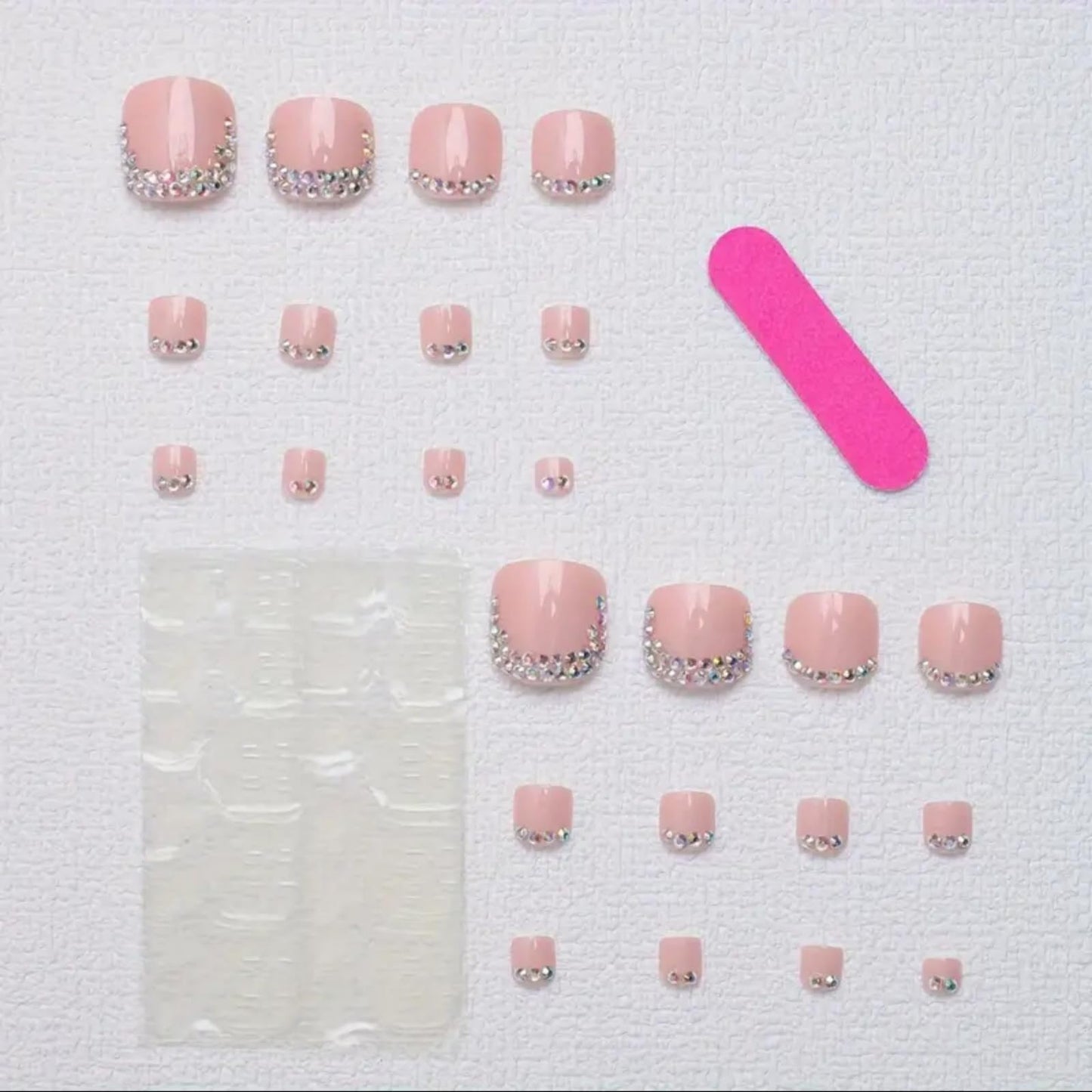 French Press on Toenails Short Square Fake Toe Nails Rhinestone False Toenails Glossy Full Cover Acrylic Glue on Toenails Nude Toe Nails Bling Stick on Toenails for Women 24 Pcs