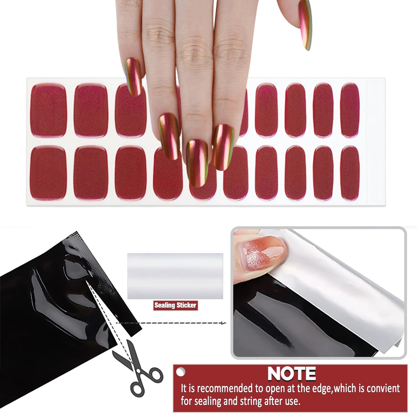 YECIRALA 2 Sheets 40 Tips Semi Cured Gel Nail Strips Kit (Magic Metallic Burgundy & Purple) Semi Cured Nail Polish Strips Stickers Chrome Metallic Effect Gel Nail Wraps with Nail File & Wooden Stick