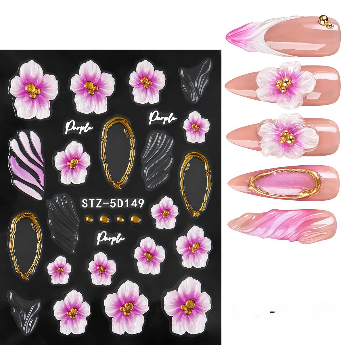 3 Sheets Flower Nail Art Stickers Decals 5D Self-Adhesive Nail Decals Spring/Summer Purple Pink Floral Designs, Self-Adhesive Decals for Women's Nail DIY Decoration