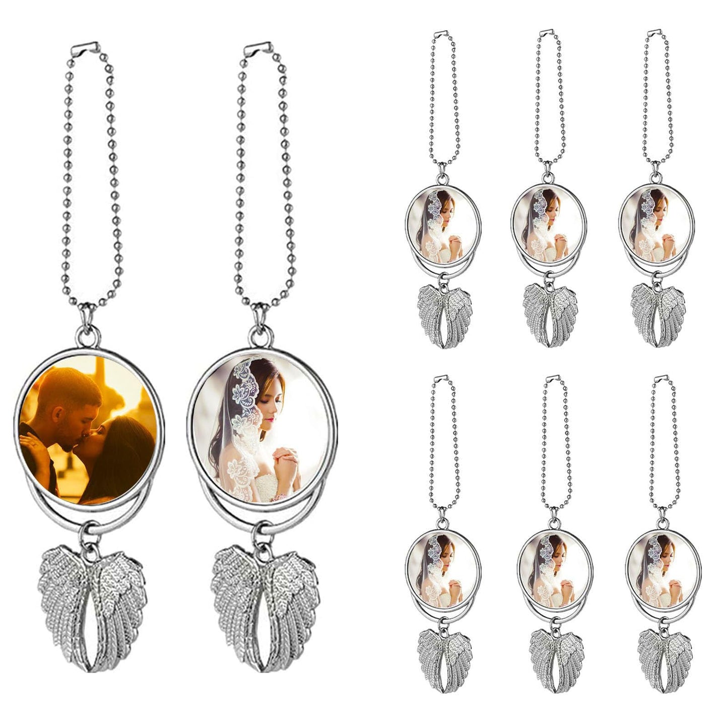 Frinnovan 8 Set Silver Angel Wing Sublimation Blank Car Hanging Ornament Charms Heat Transfer Blank Photo Frame Pendants Customize Keychain for Automobile Rearview Mirror Home Window Ornaments