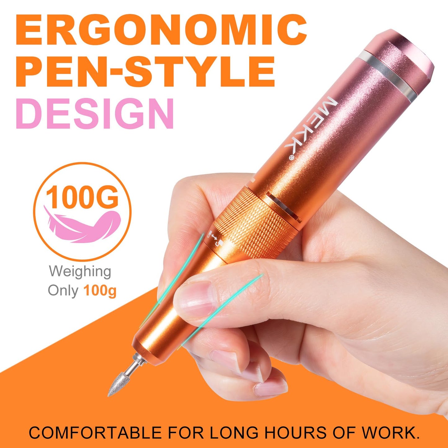 MEKK Nail Drill Kit,35000RPM Electric Nail Drill Professional Electric Nail File with 12PCS Bits,Anti-Shaking Cordless E Filer for Nails with LCD Display,Home & Salon (Orange-Pink)